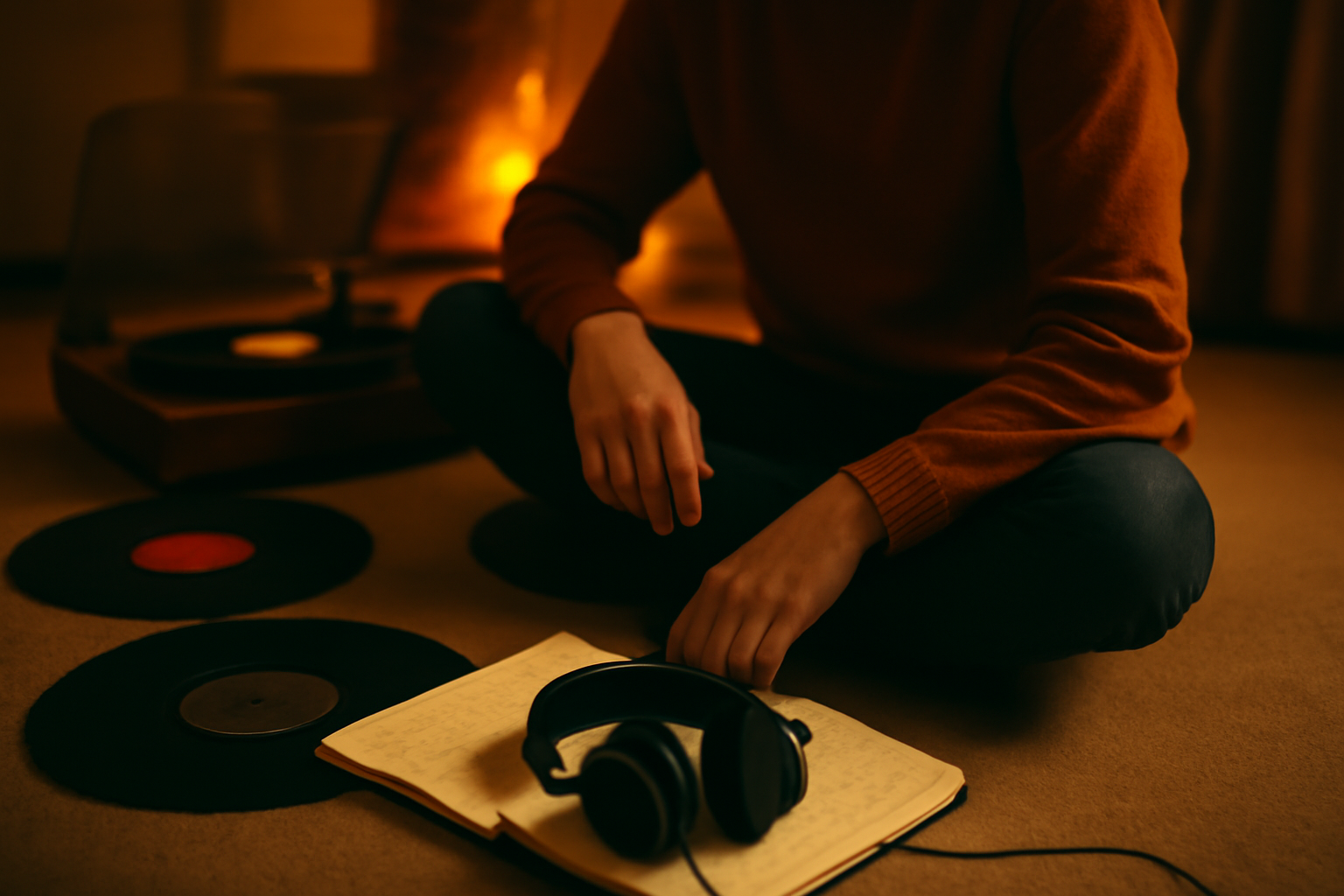 Seseorang menulis catatan sambil mendengarkan lagu lewat headphone di ruangan bernuansa hangat