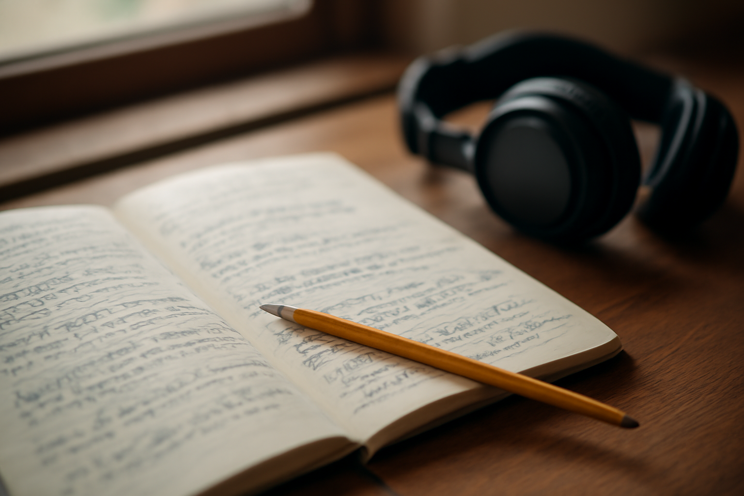 Buku catatan berisi coretan lirik lagu dan headphone di atas meja kayu dekat jendela
